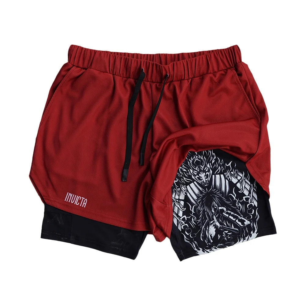 Anime Madara Uchiha Six Paths 2-in-1 Compression Shorts Summer Quick Drying Sport Shorts with Six Tomoe Print Breathable Shorts