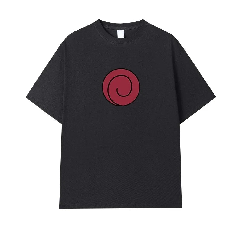 Naruto Uchiha Clan Symbol T-Shirt for Men Women, Front Back Print Minimalist Anime Casual Oversized Streetwear Black Tee