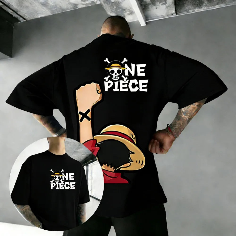 One Piece Luffy Unisex Pure Cotton T-shirt 2026 Summer Hot Anime Print American Loose Casual Parent-child Short Sleeved Top