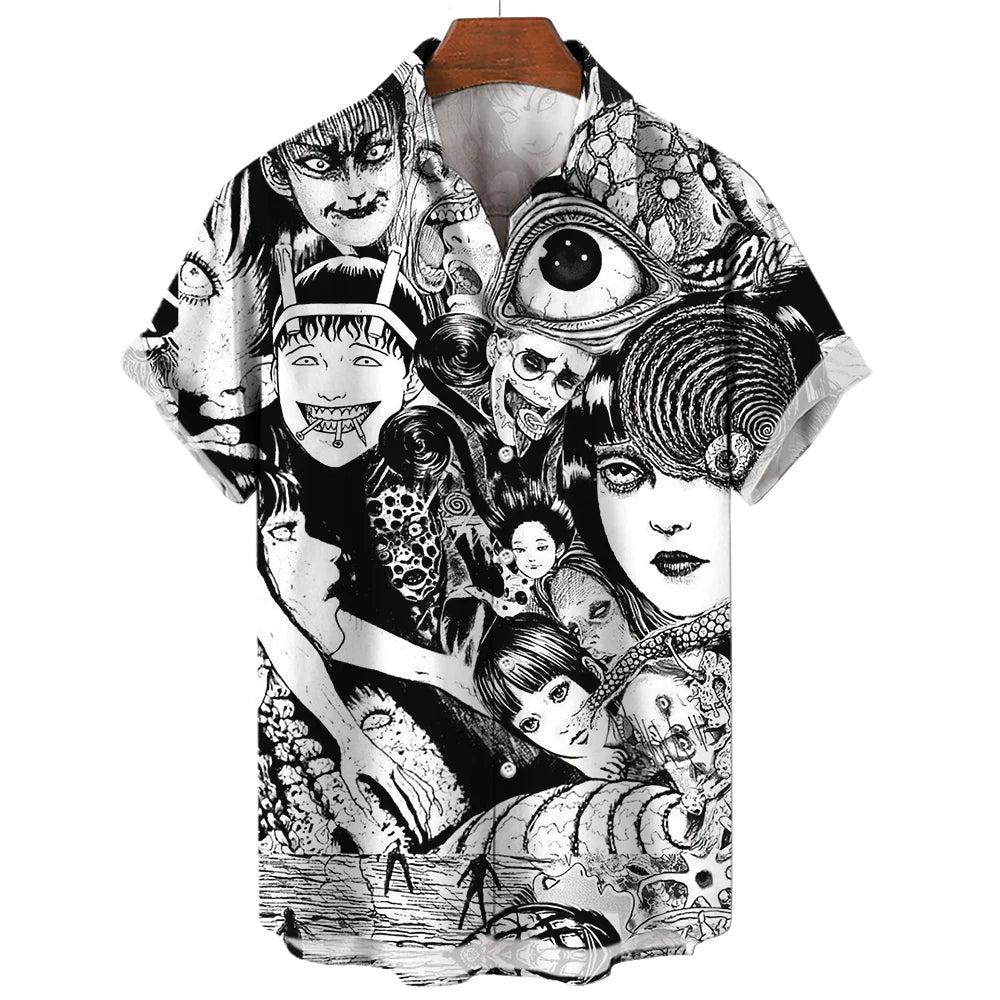 Japanese Anime Pattern Shirts 2023 Summer New men's Shirt 3D Printing Horror Print Hawaiian Clothing Personalized Design Men Top