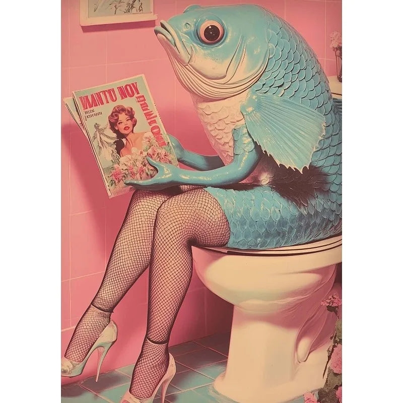 Funny Weird Bathroom Alien on The Toilet Ghost Reading Newspaper Aesthetic Poster Canvas Painting Wall Pictures Home Decor