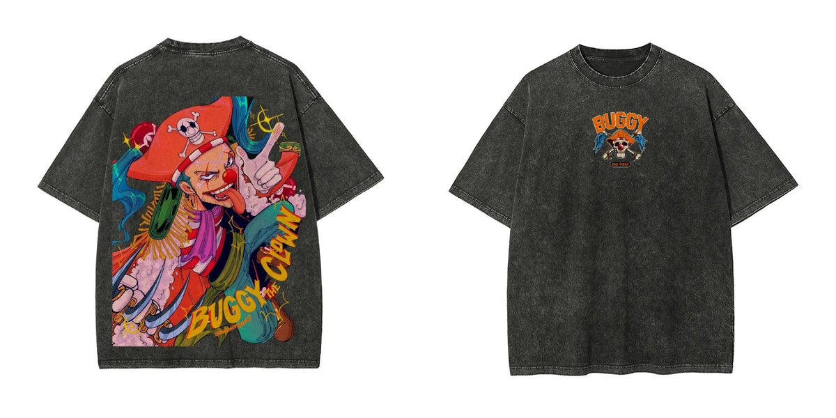 Vintage Washed ONE PIECE Buggy The Clown T-shirt Old Loose Animation Print Street Style Short Sleeve Summer Men's Women's Tops