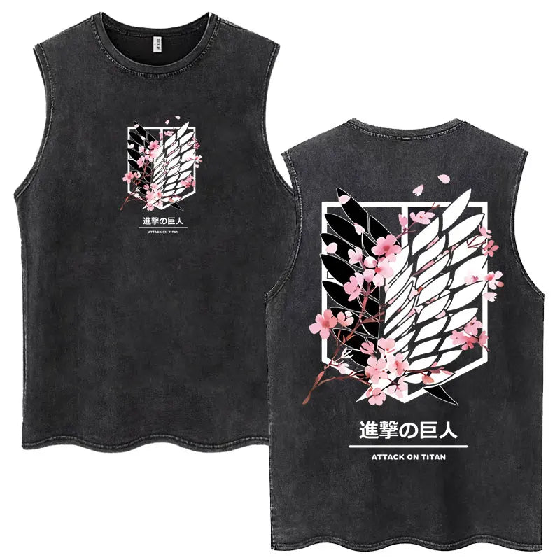 2026 Attack on Titan Wings of Freedom Acid Wash Tank Top, Survey Corps Emblem Anime Print, Oversized Cotton Streetwear Tee