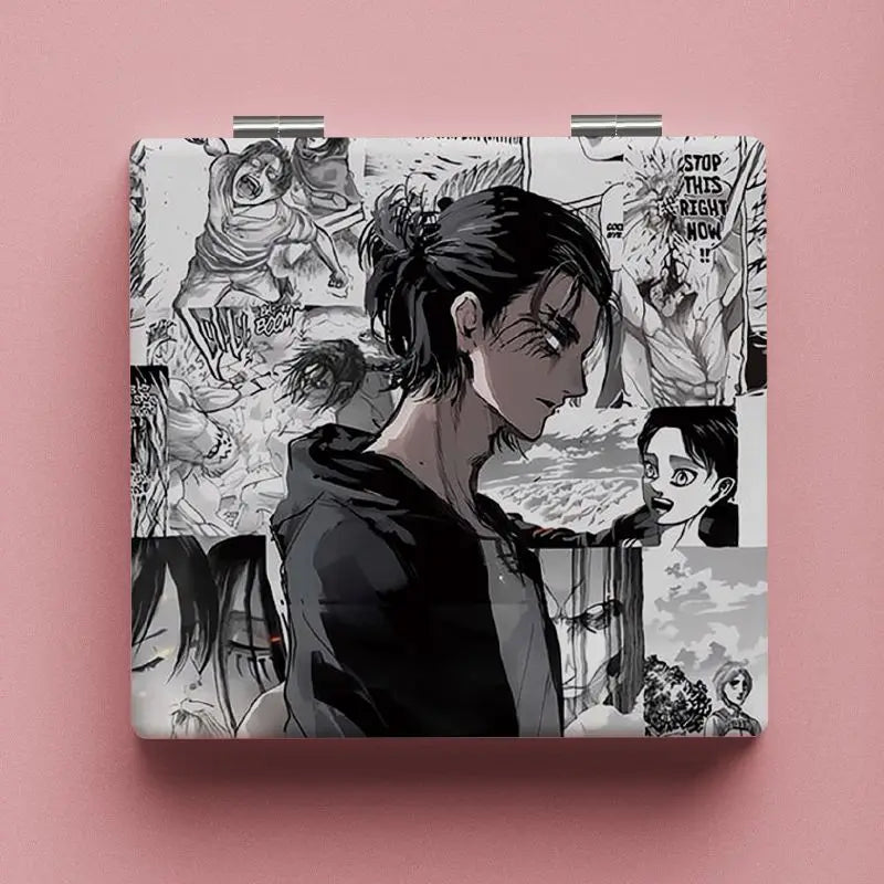 Attack on Titan Cute Double Sided Handheld Makeup Mirror, Eren Mikasa Levi Portable Pocket Cosmetic Mirror for Travel Outdoor