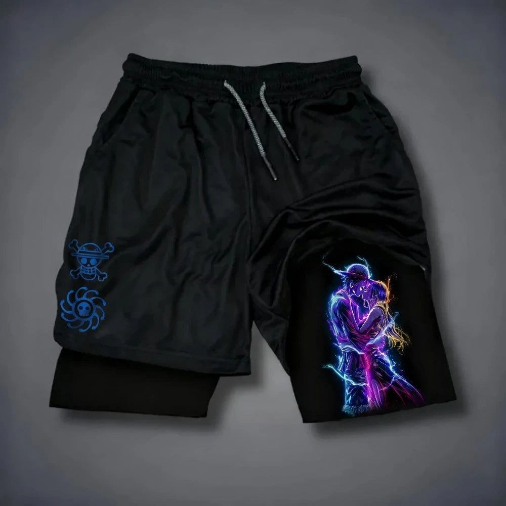 2025 New One Piece Anime Luffy and Zoro Themed Printed Double-layered Shorts, Summer American Men's Sport Loose Pants