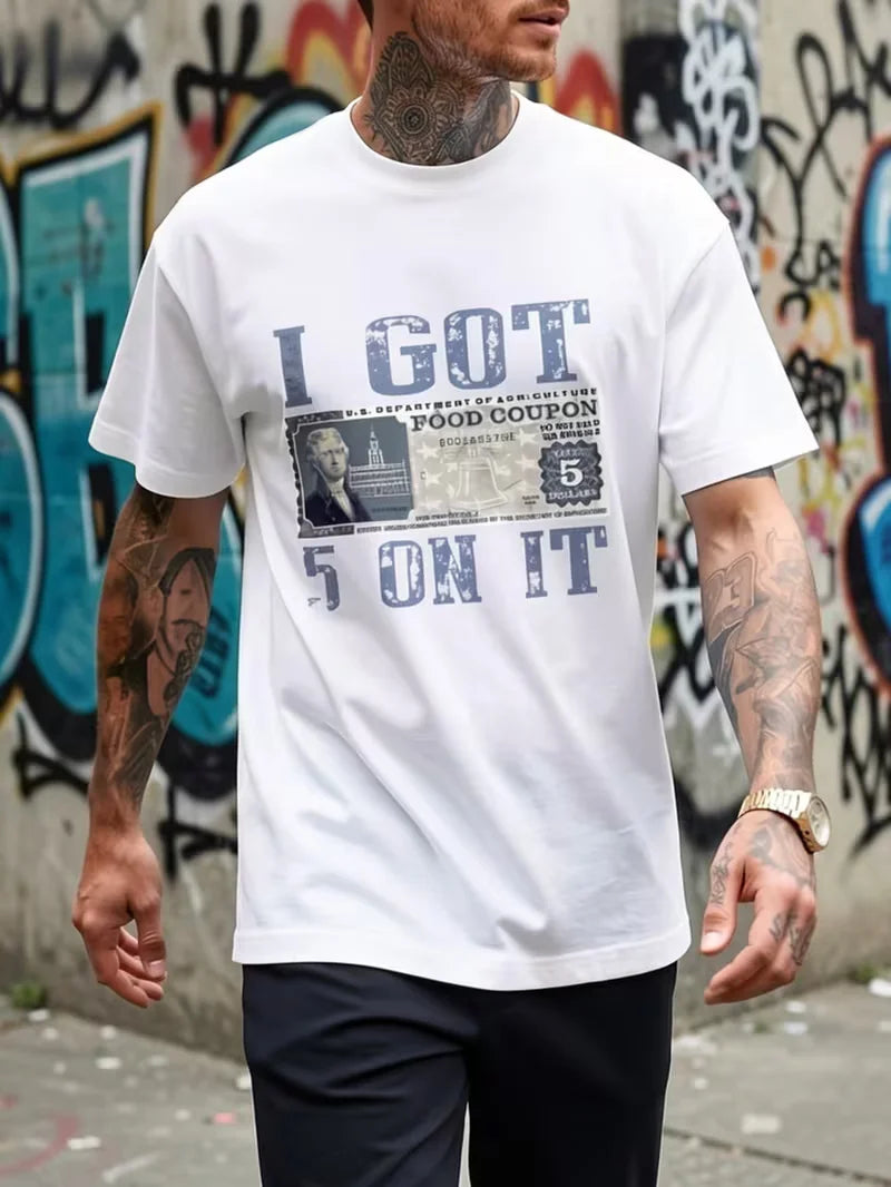 I Got 5 On It Vintage Food Coupon Graphic T‑Shirt Retro Distressed Hip‑Hop Meme Tee for Men