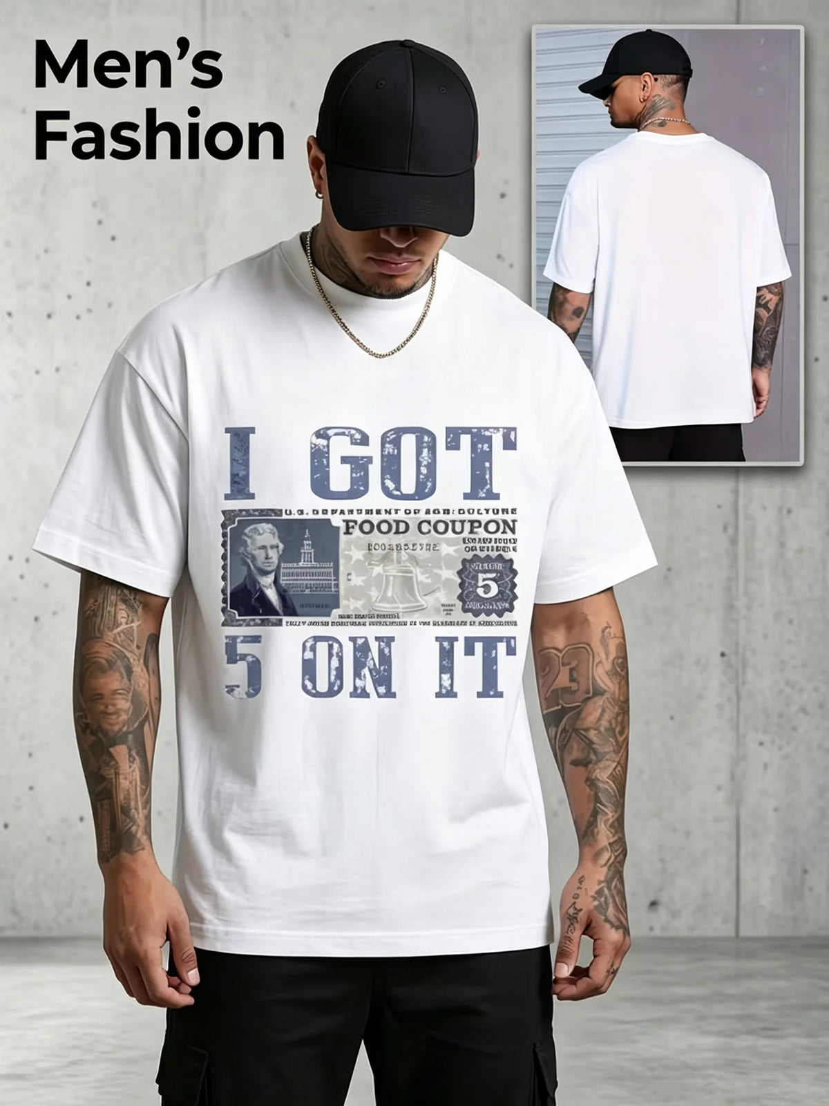 I Got 5 On It Vintage Food Coupon Graphic T‑Shirt Retro Distressed Hip‑Hop Meme Tee for Men