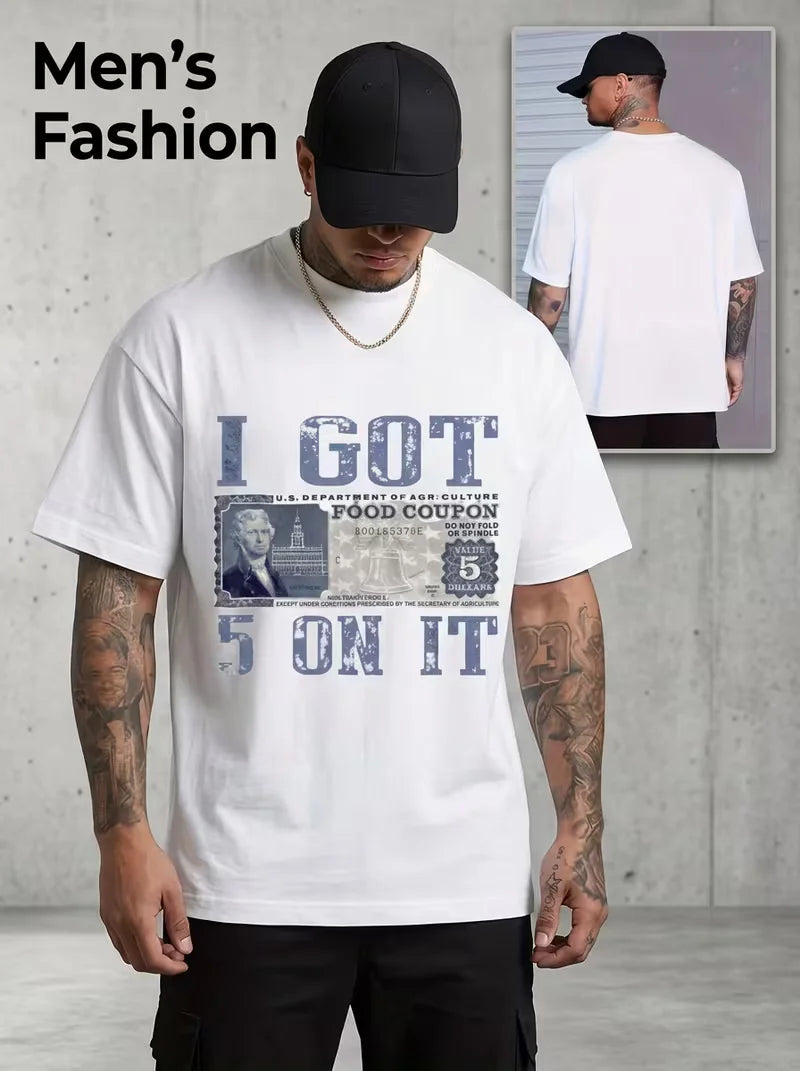 I Got 5 On It Vintage Food Coupon Graphic T‑Shirt Retro Distressed Hip‑Hop Meme Tee for Men