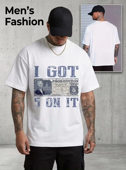 I Got 5 On It Vintage Food Coupon Graphic T‑Shirt Retro Distressed Hip‑Hop Meme Tee for Men