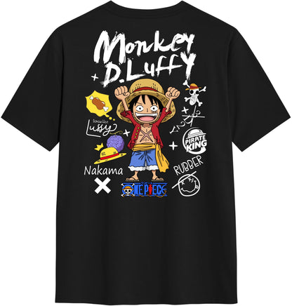 Summer 2026 One Piece Munchie D. Luffy "Hand-painted Graffiti Style" Trend Theme 100% Cotton Print T-shirt Adult Parent Top