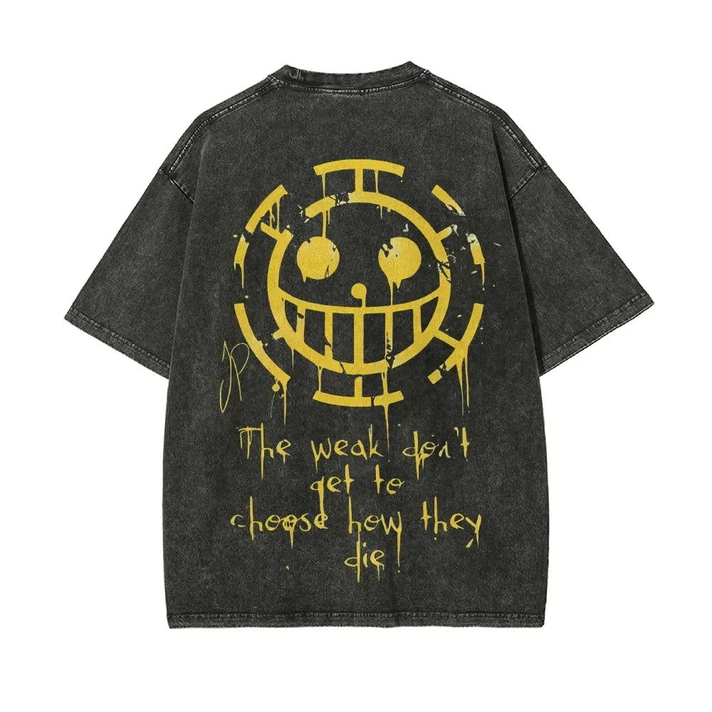 Trafalgar Law T Shirt One Piece Heart Pirates Vintage Acid Wash Streetwear Oversized Retro Anime Graphic Cotton Tees