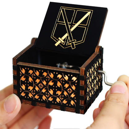 IN STOCK @@Antique carved Wooden Hand Crank Attack on Titan and StarWars Music Box figure Christmas Birthday Gift @@