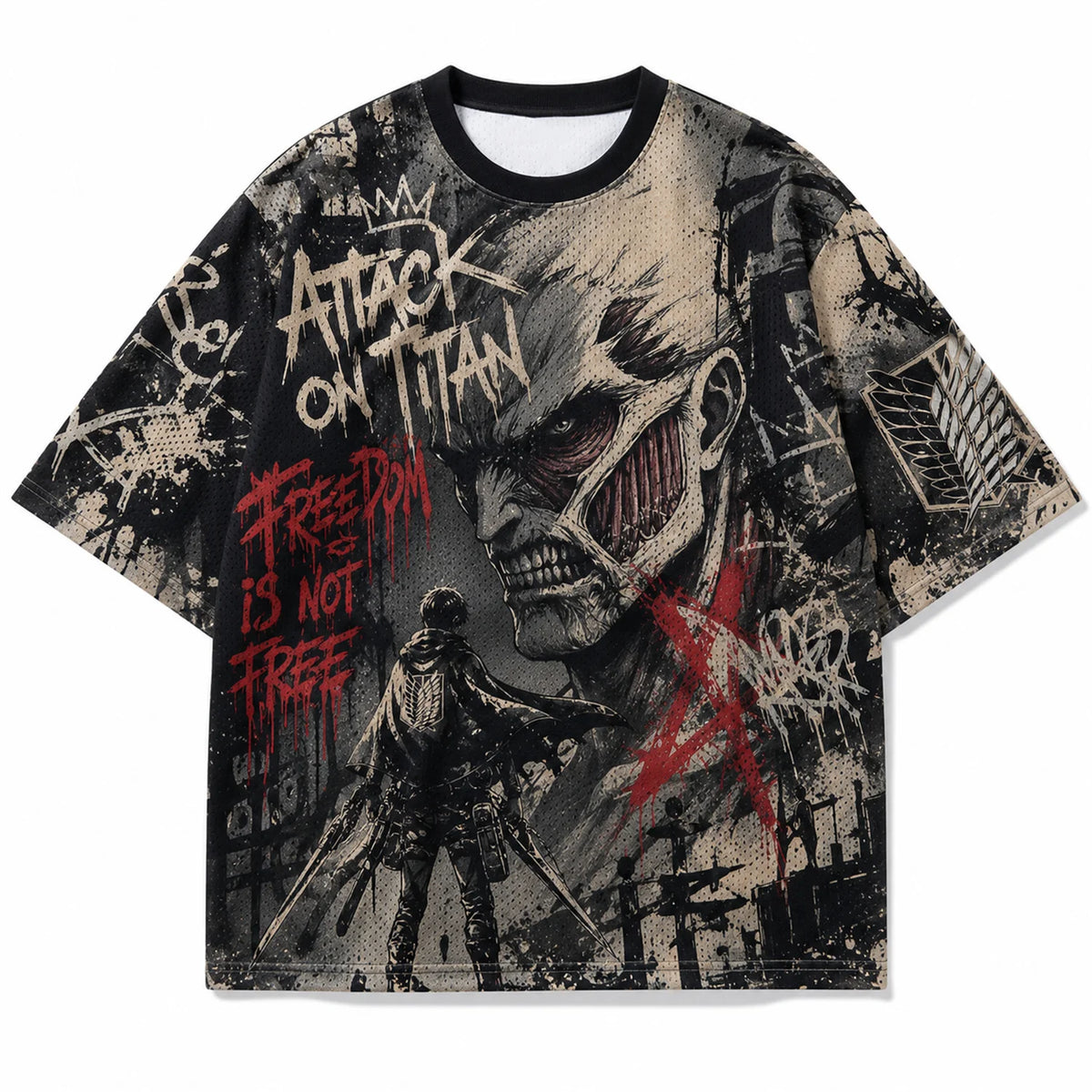 Attack On Titan Giant Titan Survey Corps Graffiti Mesh T Shirt For Men Women Fans Loose Breathable Street Hip Hop Casual Short S