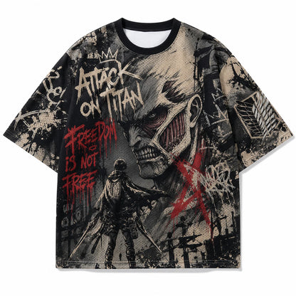 Attack On Titan Giant Titan Survey Corps Graffiti Mesh T Shirt For Men Women Fans Loose Breathable Street Hip Hop Casual Short S