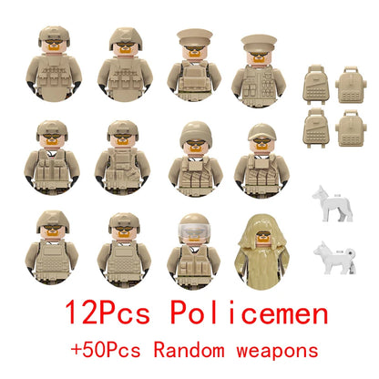 Military Special Forces SWAT Gangster Jeeps Off-Road Vehicle Assault Boat Model Soldier Weapons Building Block Toy For Children
