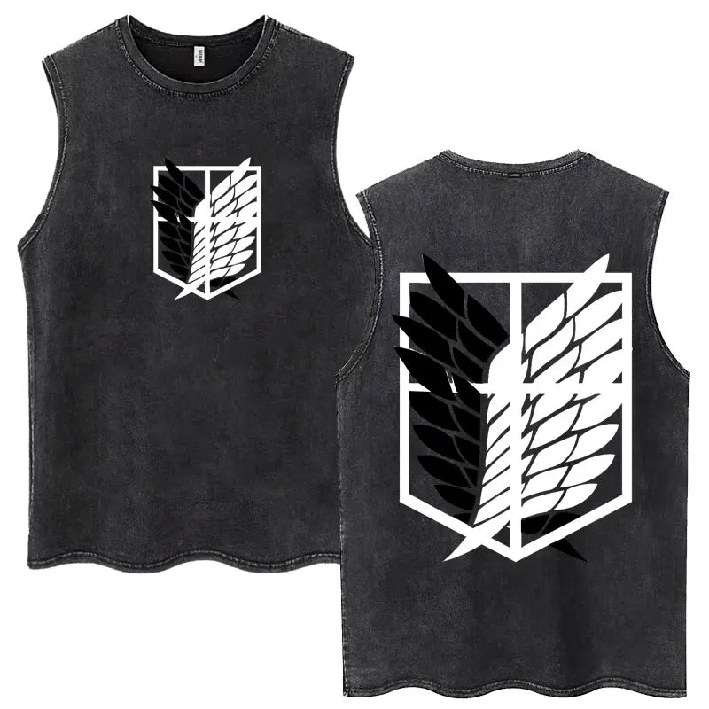 2026 Attack on Titan Wings of Freedom Acid Wash Tank Top, Survey Corps Emblem Anime Print, Oversized Cotton Streetwear Tee
