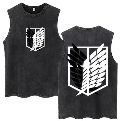 2026 Attack on Titan Wings of Freedom Acid Wash Tank Top, Survey Corps Emblem Anime Print, Oversized Cotton Streetwear Tee