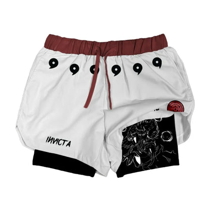 Anime Madara Uchiha Six Paths 2-in-1 Compression Shorts Summer Quick Drying Sport Shorts with Six Tomoe Print Breathable Shorts