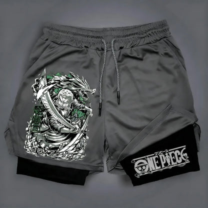 2025 New One Piece Anime Luffy and Zoro Themed Printed Double-layered Shorts, Summer American Men's Sport Loose Pants