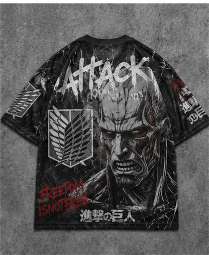 Attack On Titan Eren Anime Graffiti Mesh T Shirt For Men Women Fans Loose Breathable Hip Hop Streetwear Short Sleeve Top