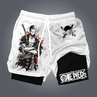 2025 New One Piece Anime Luffy and Zoro Themed Printed Double-layered Shorts, Summer American Men's Sport Loose Pants