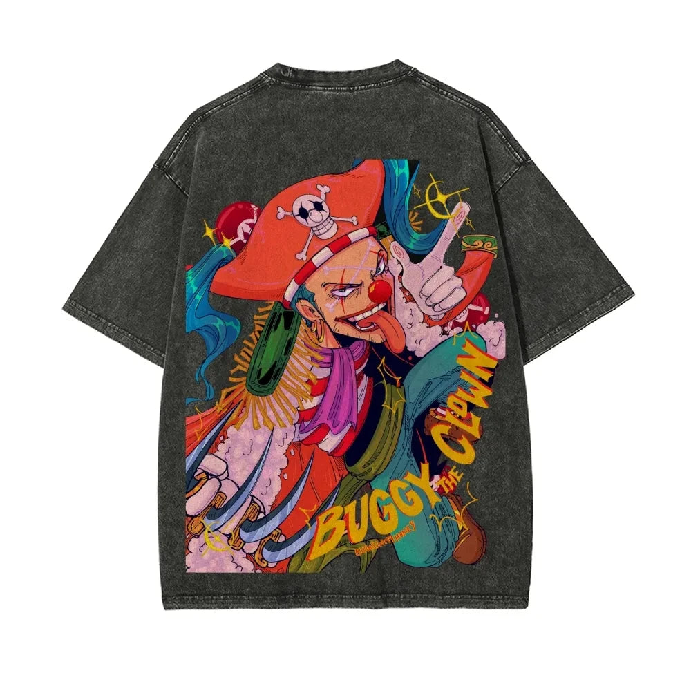 Vintage Washed ONE PIECE Buggy The Clown T-shirt Old Loose Animation Print Street Style Short Sleeve Summer Men's Women's Tops