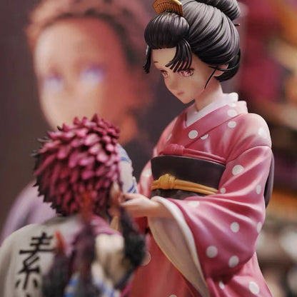 27cm Demon Slayer GK Akaza Koyuki Two Figures Scene Diorama Statue Anime Kimono Couple Collectible Model Toy Desktop Decor Gifts