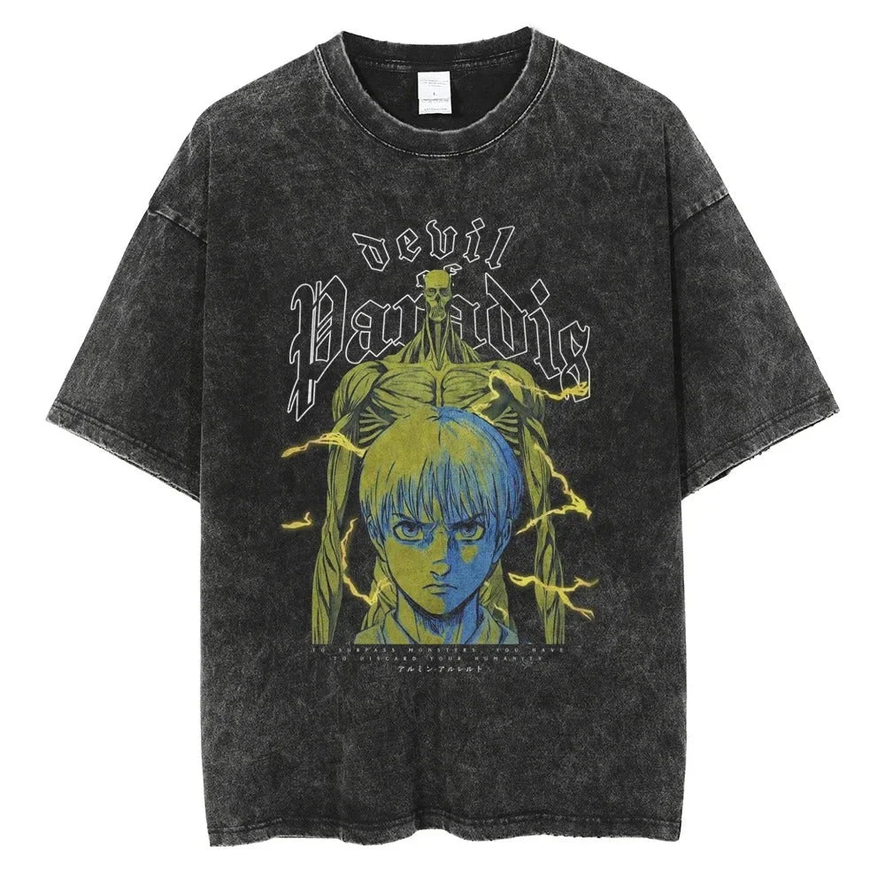 Attack on Titan Mikasa Ackerman Vintage Rock Band-style Wash Print T Shirt Men 2026 Summer Black Oversized Tee Anime Streetwear