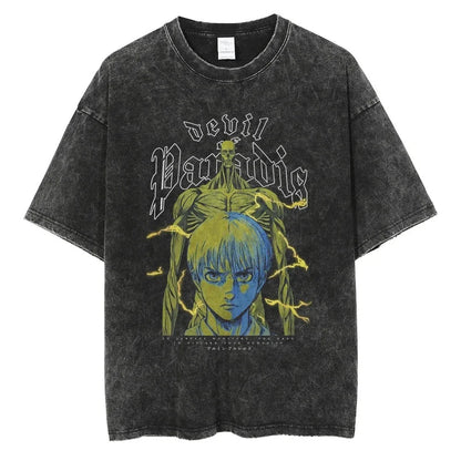 Attack on Titan Mikasa Ackerman Vintage Rock Band-style Wash Print T Shirt Men 2026 Summer Black Oversized Tee Anime Streetwear