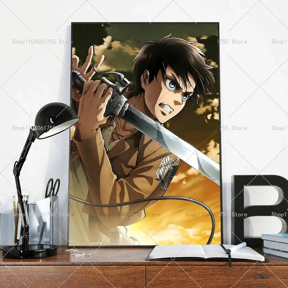 Anime Attack on Titan Eren Jeager Poster Self-adhesive Art Waterproof Paper Sticker Coffee House Bar Room Wall Decor