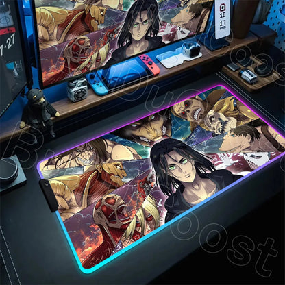 Large RGB LED Mousepad Attack on Titan Mouse Pads Anime Cool Gaming Tapis De Souris Carpet Laptop XXL Gabinete Gamer Accessories