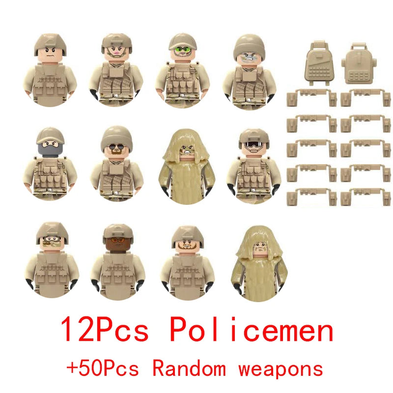 Military Special Forces SWAT Gangster Jeeps Off-Road Vehicle Assault Boat Model Soldier Weapons Building Block Toy For Children