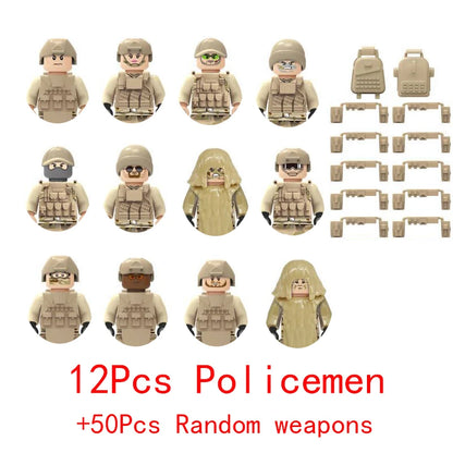 Military Special Forces SWAT Gangster Jeeps Off-Road Vehicle Assault Boat Model Soldier Weapons Building Block Toy For Children