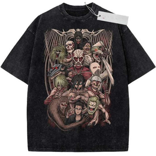 Oversize Vintage Washed Attack on Titan T Shirt with Anime Titans Army Graffiti Print for Streetwear Casual Daily Outfit