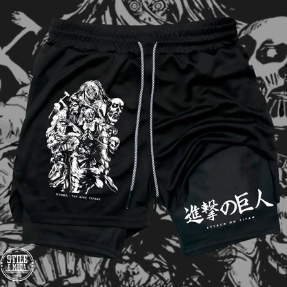 2026 New Men's/Women's Attack on Titan Nine Titans 2-in-1 Gym Shorts, Anime Character Print Breathable Fitness Sports Shorts