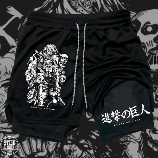 2026 New Men's/Women's Attack on Titan Nine Titans 2-in-1 Gym Shorts, Anime Character Print Breathable Fitness Sports Shorts