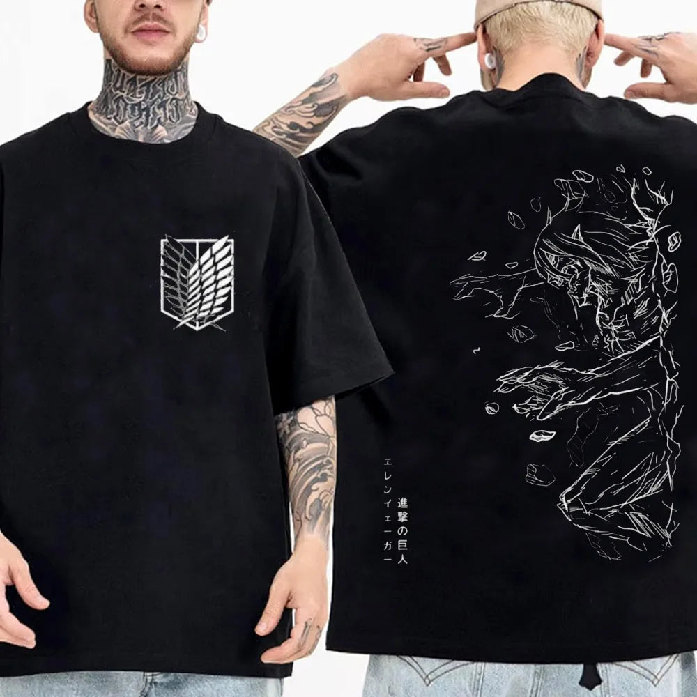 Attack on Titan Streetwear Men's T Shirt Eren Yeager Shingeki No Kyojin Anime 100% Cotton Women Tops Tees Casual High Quality