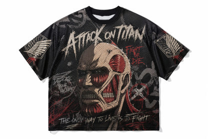Attack On Titan Eren Anime Graffiti Mesh T Shirt For Men Women Fans Loose Breathable Hip Hop Streetwear Short Sleeve Top