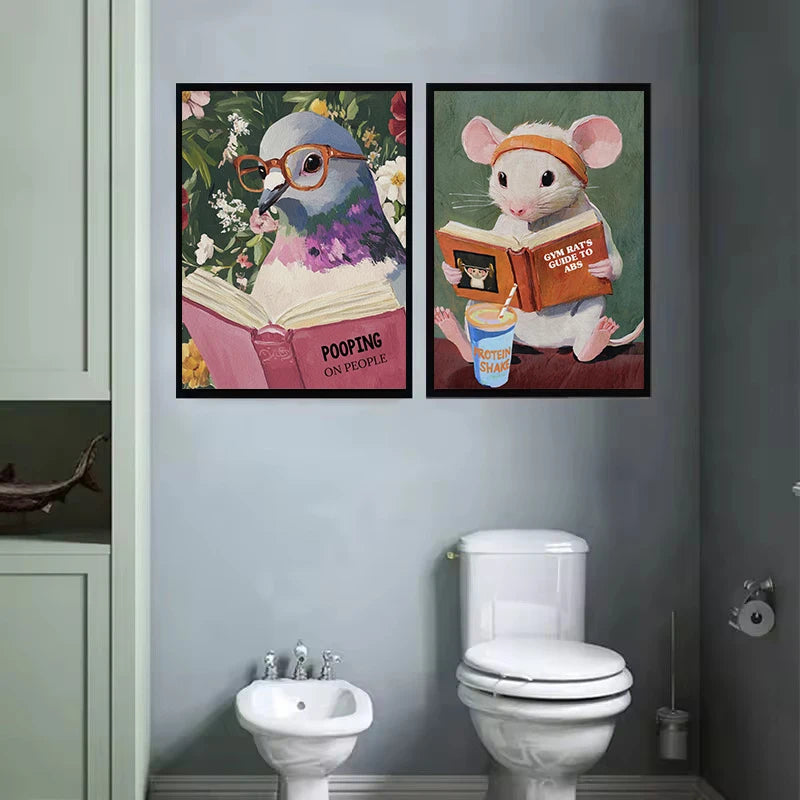 Humorous Pigeon Reading Book Pooping on People Bathroom Funny Animals Poster Canvas Painting Wall Art Pictures Home Toilet Decor