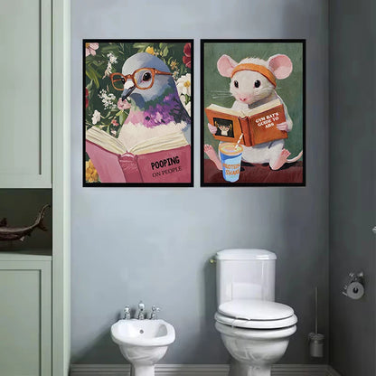 Humorous Pigeon Reading Book Pooping on People Bathroom Funny Animals Poster Canvas Painting Wall Art Pictures Home Toilet Decor