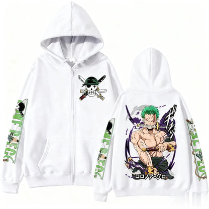 2026 One Piece Zoro Anime Print Zip Up Hooded Jacket Men Women Long Sleeve Casual Hip Hop Streetwear Pullover Spring Autumn Tops