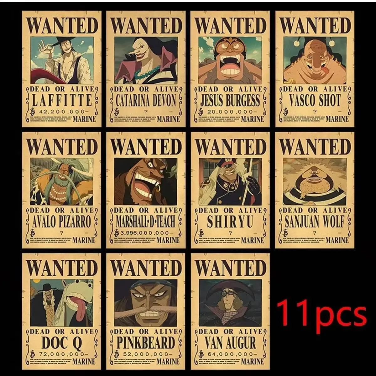 One Pieces 9-13Pcs Set Wanted Vintage Paper Posters Anime Luffy Bedroom Hotel Coffee House Bar Room Wall Deco Posters Toys Gifts
