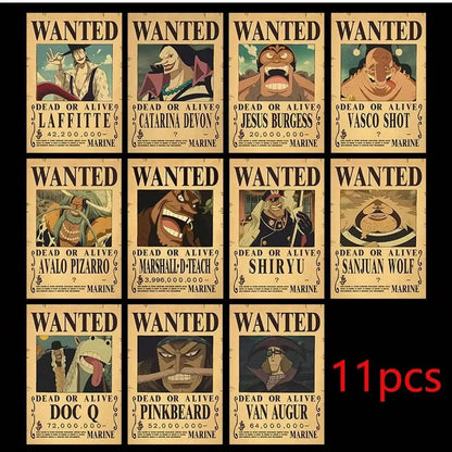 One Pieces 9-13Pcs Set Wanted Vintage Paper Posters Anime Luffy Bedroom Hotel Coffee House Bar Room Wall Deco Posters Toys Gifts