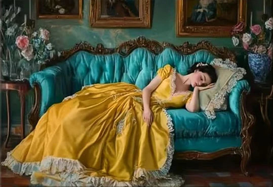 Classical Woman in Yellow Dress Reclines on Green Sofa Poster Prints Canvas Painting Wall Art Picture for Living Room Home Decor