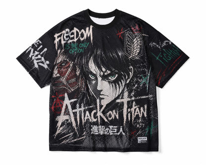 Attack On Titan Eren Anime Graffiti Mesh T Shirt For Men Women Fans Loose Breathable Hip Hop Streetwear Short Sleeve Top