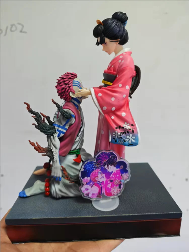 27cm Demon Slayer GK Akaza Koyuki Two Figures Scene Diorama Statue Anime Kimono Couple Collectible Model Toy Desktop Decor Gifts