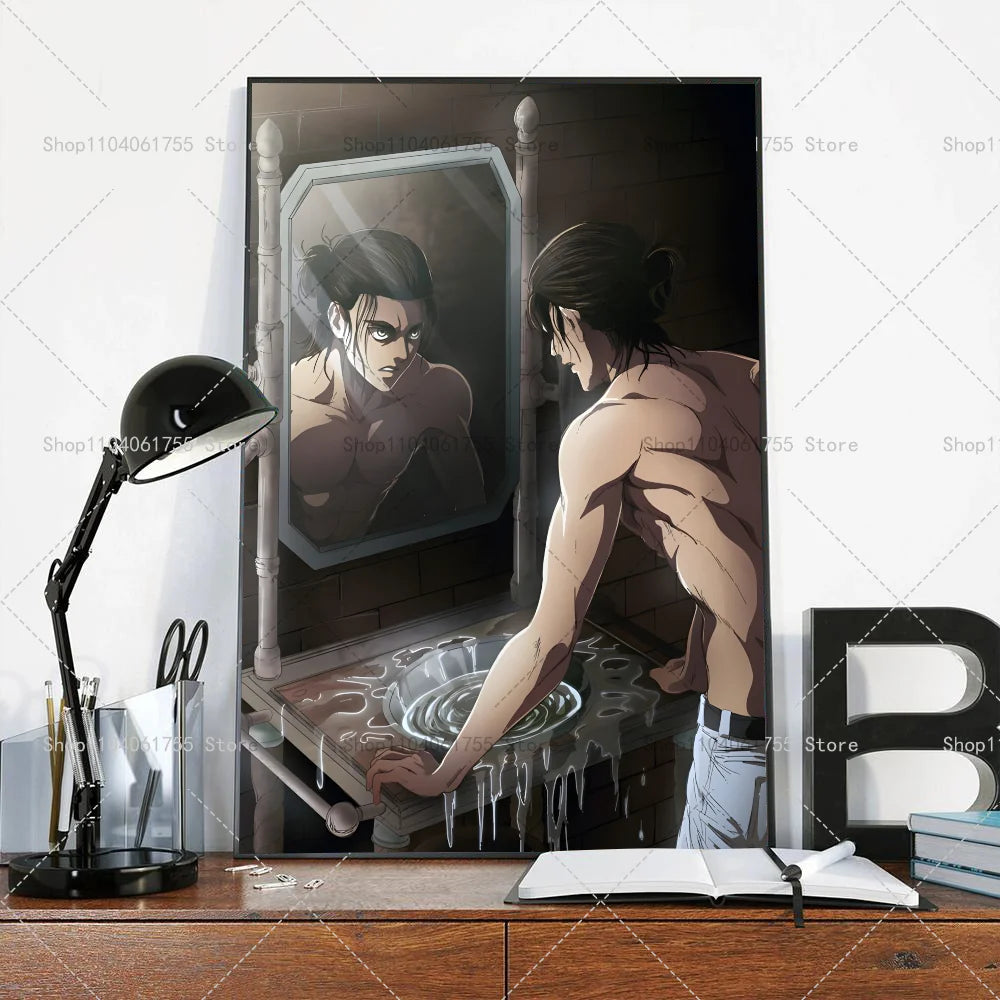 1PC Anime Attack On Titan Eren Jeager Poster Self-adhesive Art Waterproof Paper Sticker Coffee House Bar Room Wall Decor