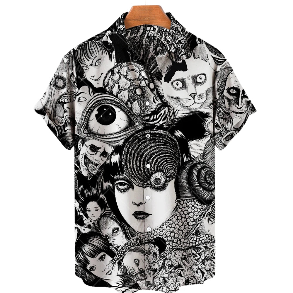 Japanese Anime Pattern Shirts 2023 Summer New men's Shirt 3D Printing Horror Print Hawaiian Clothing Personalized Design Men Top