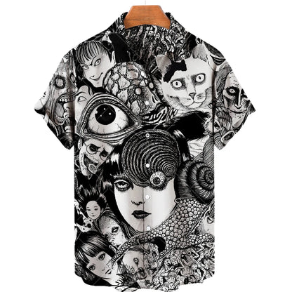 Japanese Anime Pattern Shirts 2023 Summer New men's Shirt 3D Printing Horror Print Hawaiian Clothing Personalized Design Men Top