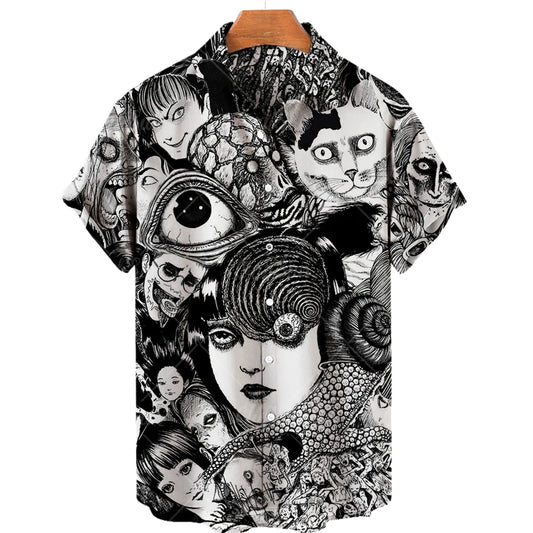 Japanese Anime Pattern Shirts 2023 Summer New men's Shirt 3D Printing Horror Print Hawaiian Clothing Personalized Design Men Top
